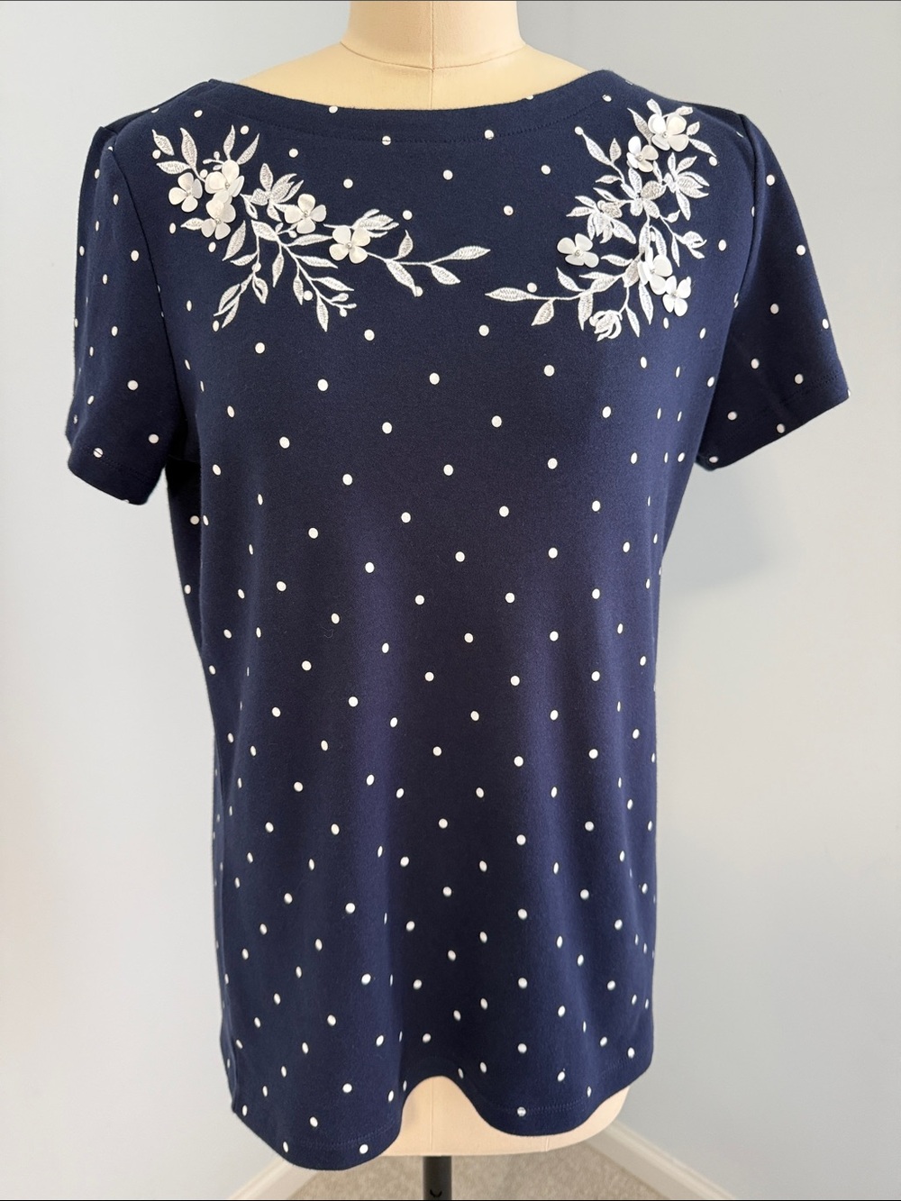 Karen Scott Navy Embroidered Dot Print Top SZM